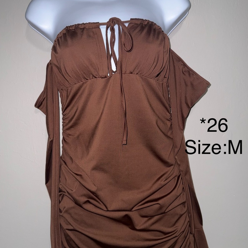 Brown Off-Shoulder Ruched Dress